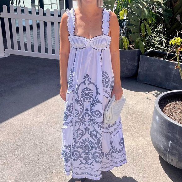 ALEMAIS HAZEL SMOCKED EMBROIDERED MIDI DRESS - Picture 1 of 13